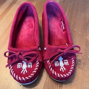 Minnetonka Red Moccasins with Suede Texture and Bead Detailing